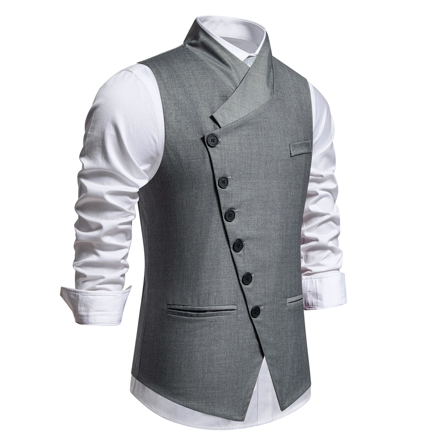 Black # Men's solid color single-breasted slanted placket vest, slim fit V-neck casual suit waistcoat with button-down closure and belt-on back, versatile lightweight polyester vest for daily wear, business, wedding, party and formal events, isolated on white background.