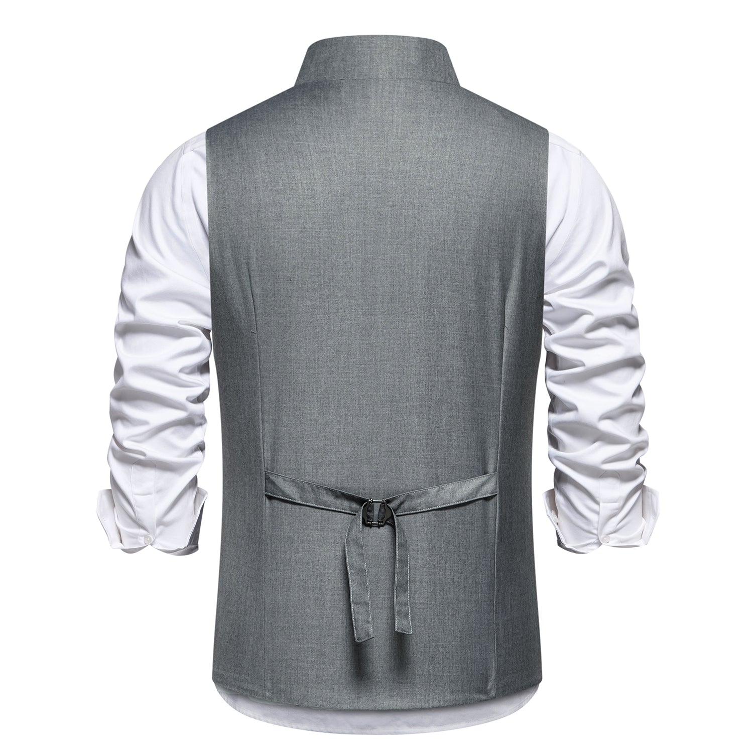 Black # Men's solid color single-breasted slanted placket vest, slim fit V-neck casual suit waistcoat with button-down closure and belt-on back, versatile lightweight polyester vest for daily wear, business, wedding, party and formal events, isolated on white background.