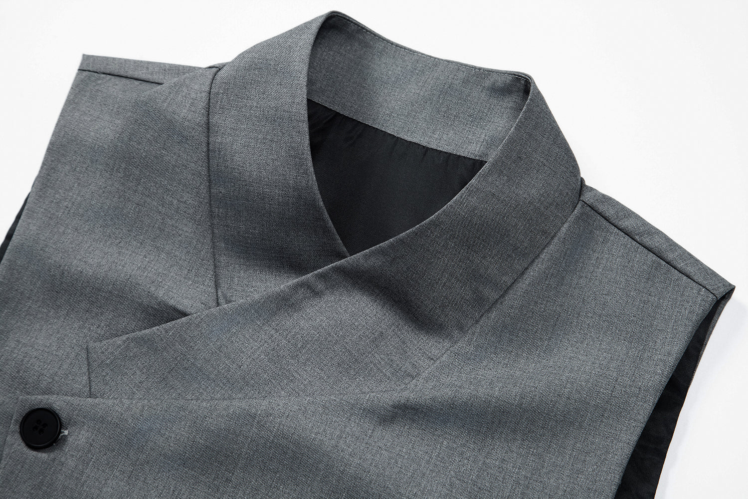 Black # Men's solid color single-breasted slanted placket vest, slim fit V-neck casual suit waistcoat with button-down closure and belt-on back, versatile lightweight polyester vest for daily wear, business, wedding, party and formal events, isolated on white background.