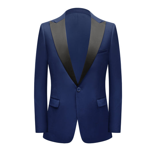 Blue # Men's single-breasted 2-piece tuxedo suit with peaked lapel and slim fit, classic blue formal wear blazer jacket with matching flat-front trousers for wedding, prom, party and formal occasions, isolated on white background.