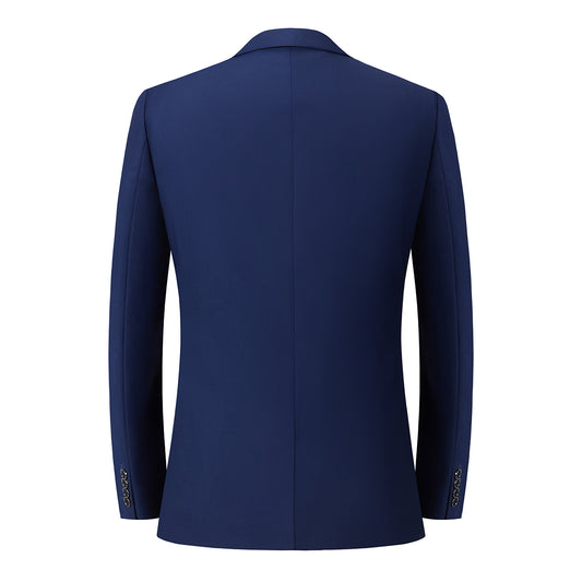 Blue # Men's single-breasted 2-piece tuxedo suit with peaked lapel and slim fit, classic blue formal wear blazer jacket with matching flat-front trousers for wedding, prom, party and formal occasions, isolated on white background.