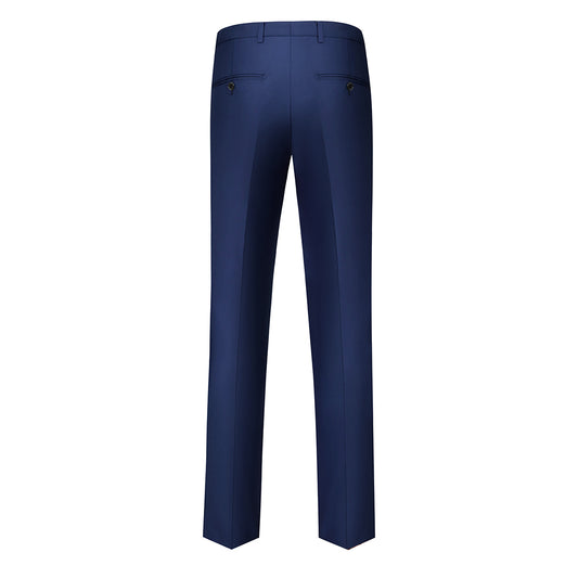 Blue # Men's single-breasted 2-piece tuxedo suit with peaked lapel and slim fit, classic blue formal wear blazer jacket with matching flat-front trousers for wedding, prom, party and formal occasions, isolated on white background.