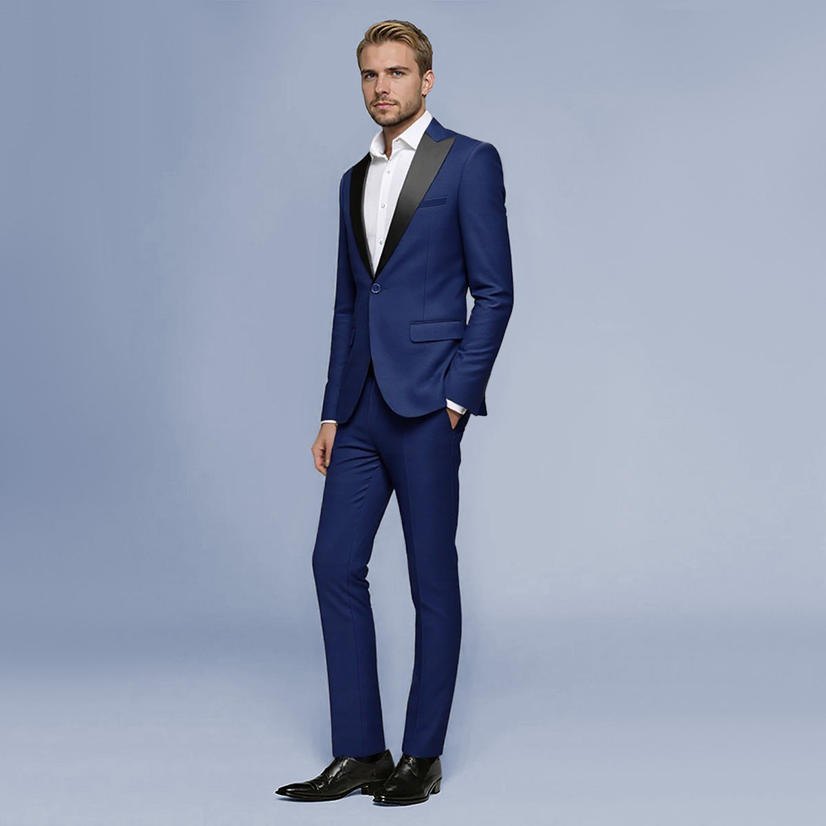 Blue # Men's single-breasted 2-piece tuxedo suit with peaked lapel and slim fit, classic blue formal wear blazer jacket with matching flat-front trousers for wedding, prom, party and formal occasions, isolated on white background.