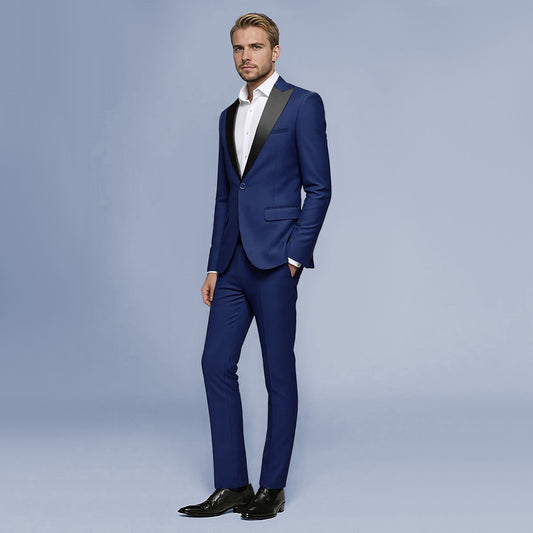 Blue # Men's single-breasted 2-piece tuxedo suit with peaked lapel and slim fit, classic blue formal wear blazer jacket with matching flat-front trousers for wedding, prom, party and formal occasions, isolated on white background.
