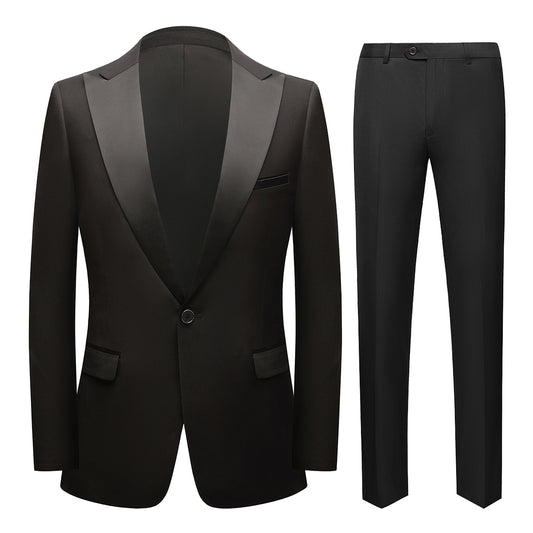 Black # Men's single-breasted 2-piece tuxedo suit with peaked lapel and slim fit, classic black formal blazer jacket with matching flat-front trousers for wedding, prom, party and special occasions, isolated on white background.