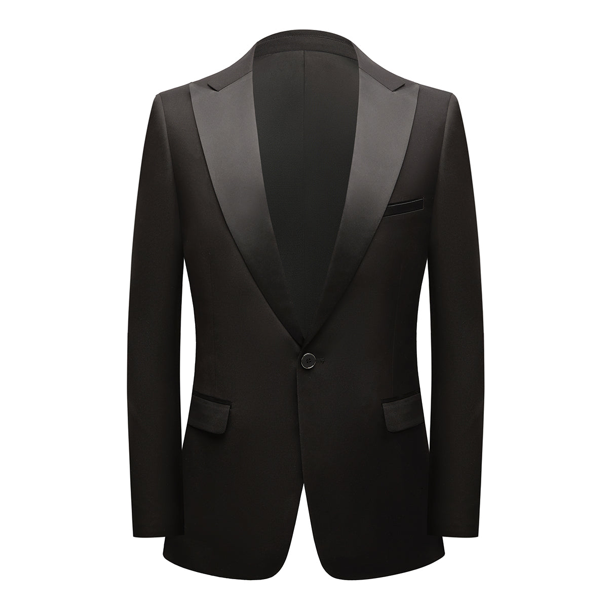 Black # Men's single-breasted 2-piece tuxedo suit with peaked lapel and slim fit, classic black formal blazer jacket with matching flat-front trousers for wedding, prom, party and special occasions, isolated on white background.
