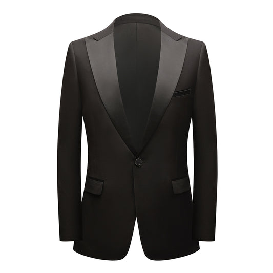 Black # Men's single-breasted 2-piece tuxedo suit with peaked lapel and slim fit, classic black formal blazer jacket with matching flat-front trousers for wedding, prom, party and special occasions, isolated on white background.