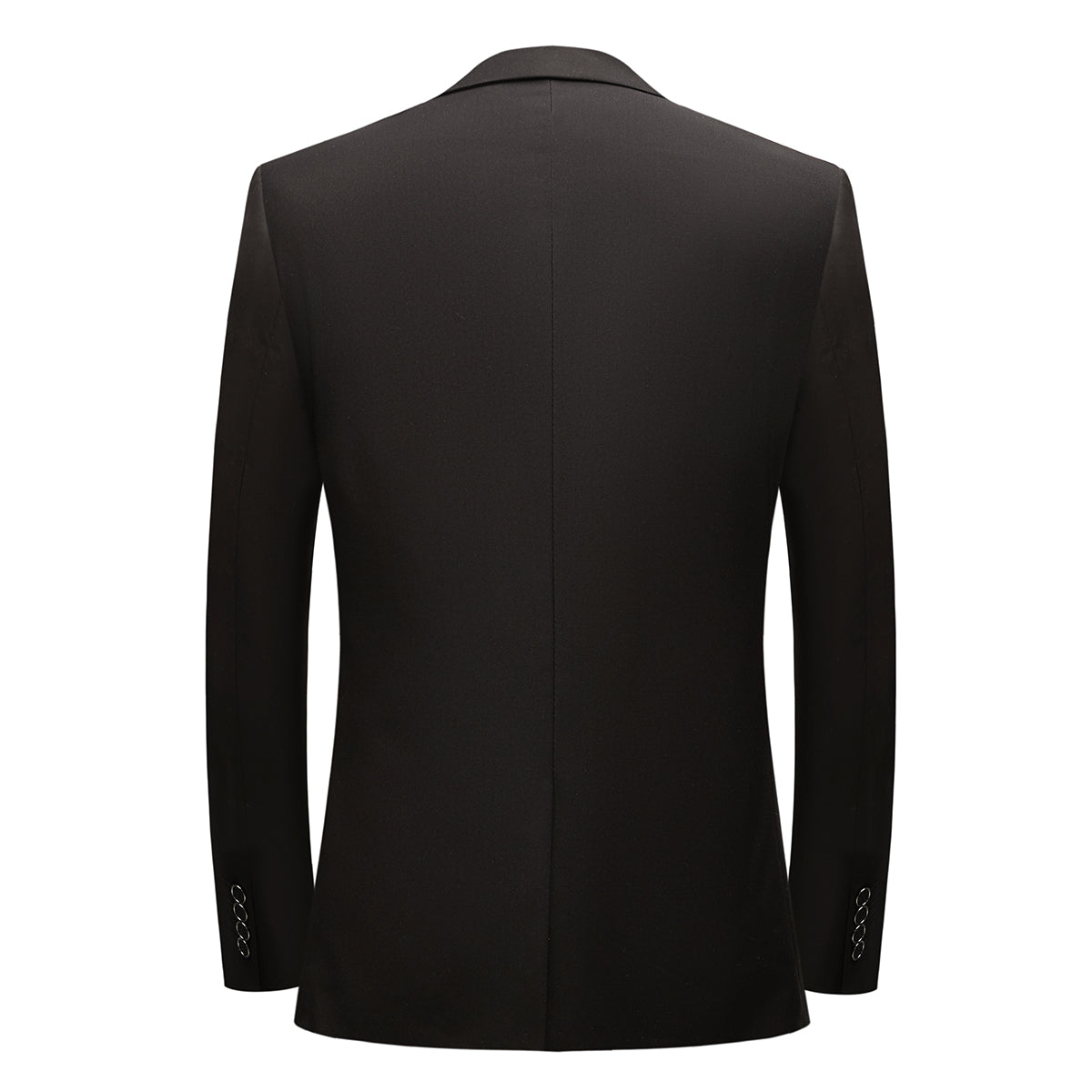 Black # Men's single-breasted 2-piece tuxedo suit with peaked lapel and slim fit, classic black formal blazer jacket with matching flat-front trousers for wedding, prom, party and special occasions, isolated on white background.
