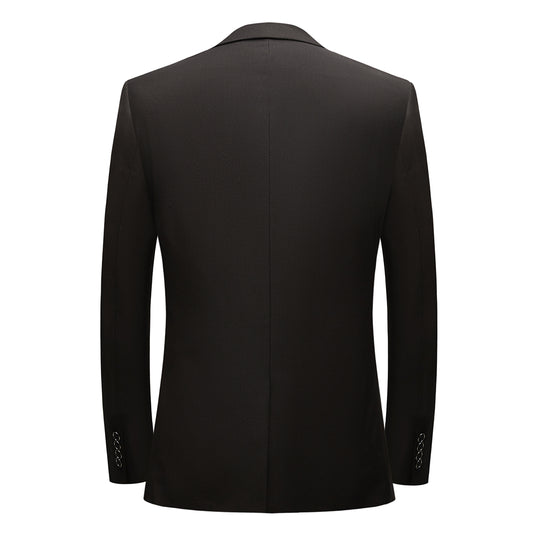 Black # Men's single-breasted 2-piece tuxedo suit with peaked lapel and slim fit, classic black formal blazer jacket with matching flat-front trousers for wedding, prom, party and special occasions, isolated on white background.