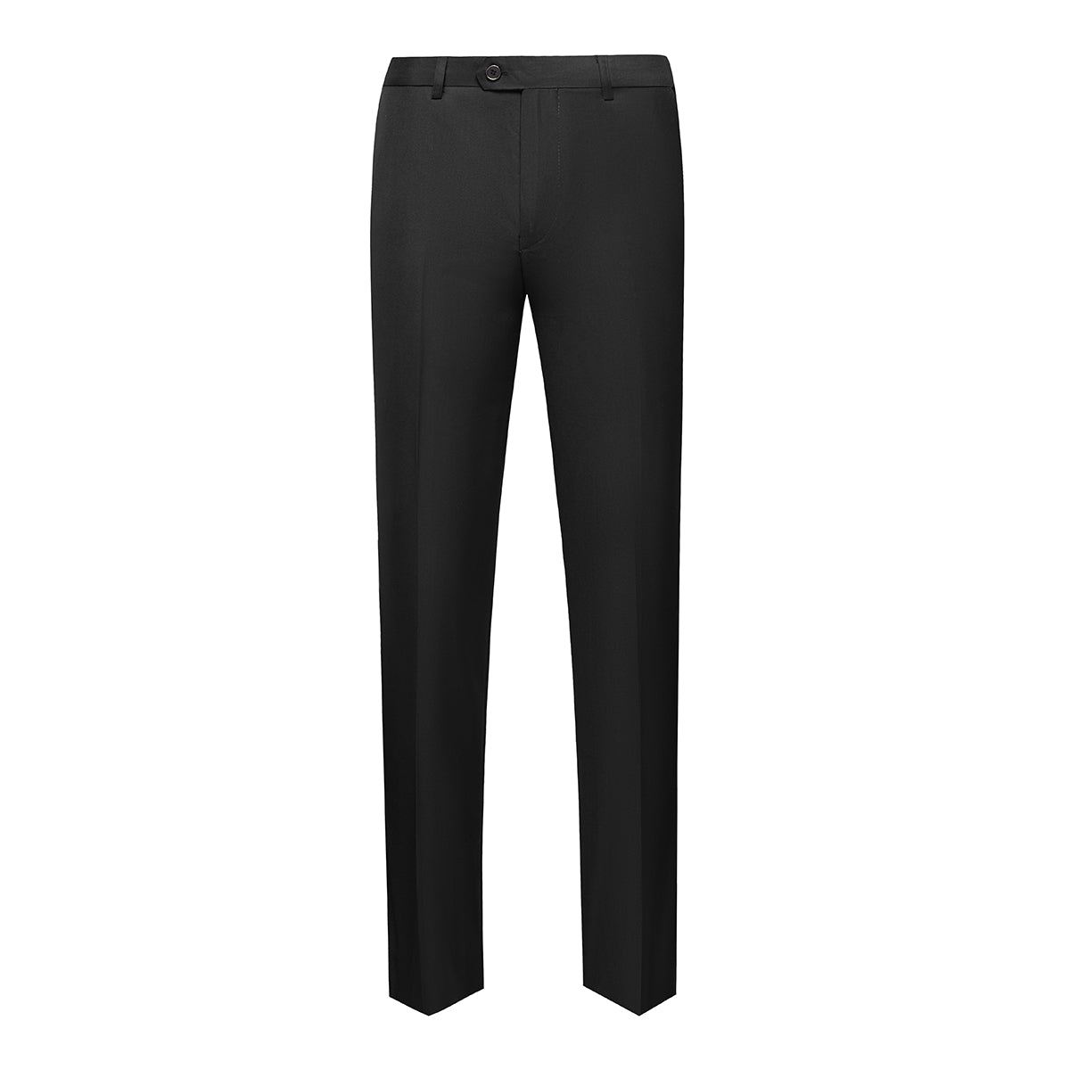 Black # Men's single-breasted 2-piece tuxedo suit with peaked lapel and slim fit, classic black formal blazer jacket with matching flat-front trousers for wedding, prom, party and special occasions, isolated on white background.