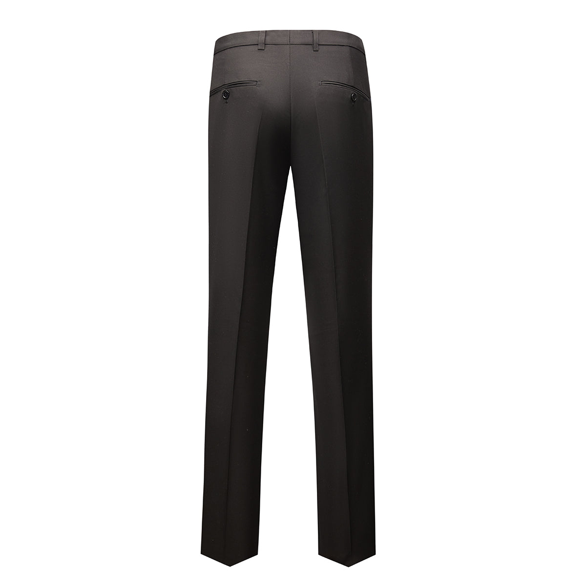 Black # Men's single-breasted 2-piece tuxedo suit with peaked lapel and slim fit, classic black formal blazer jacket with matching flat-front trousers for wedding, prom, party and special occasions, isolated on white background.