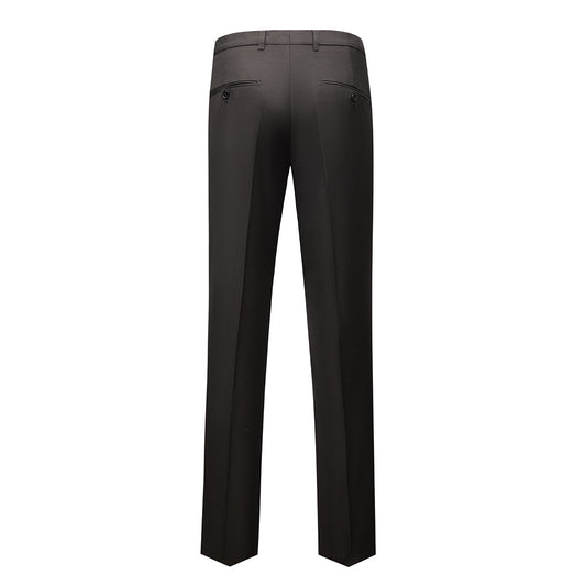 Black # Men's single-breasted 2-piece tuxedo suit with peaked lapel and slim fit, classic black formal blazer jacket with matching flat-front trousers for wedding, prom, party and special occasions, isolated on white background.