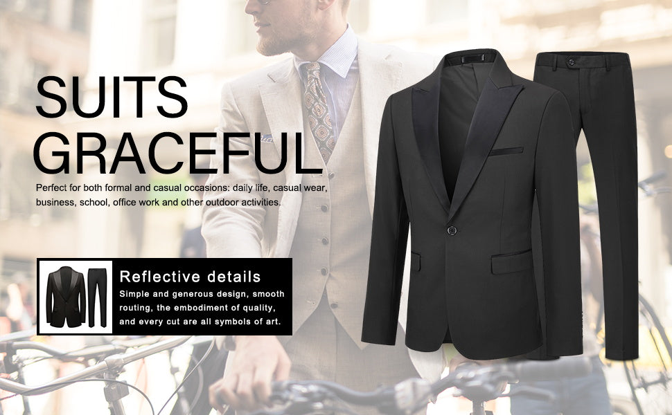 Black # Men's single-breasted 2-piece tuxedo suit with peaked lapel and slim fit, classic black formal blazer jacket with matching flat-front trousers for wedding, prom, party and special occasions, isolated on white background.