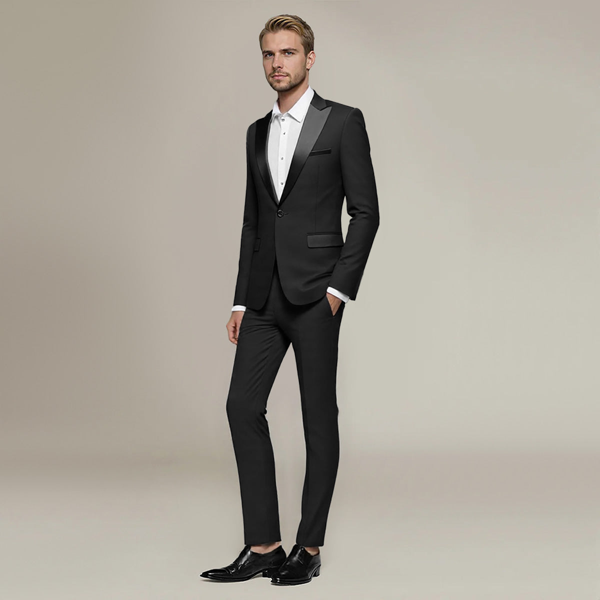 Black # Men's single-breasted 2-piece tuxedo suit with peaked lapel and slim fit, classic black formal blazer jacket with matching flat-front trousers for wedding, prom, party and special occasions, isolated on white background.