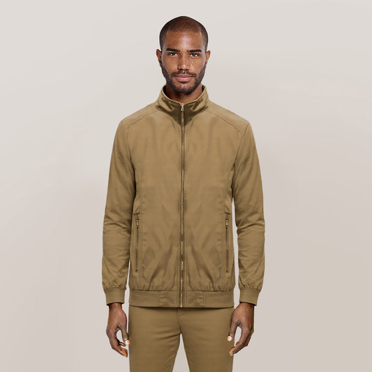 Yellow # Men's lightweight outdoor zipper windbreaker jacket with stand collar and long sleeves, softshell casual coat with 2 zipper pockets and ribbed knit cuffs, fully lined yellow jacket for business, daily wear, golf and outdoor activities, isolated on white background.