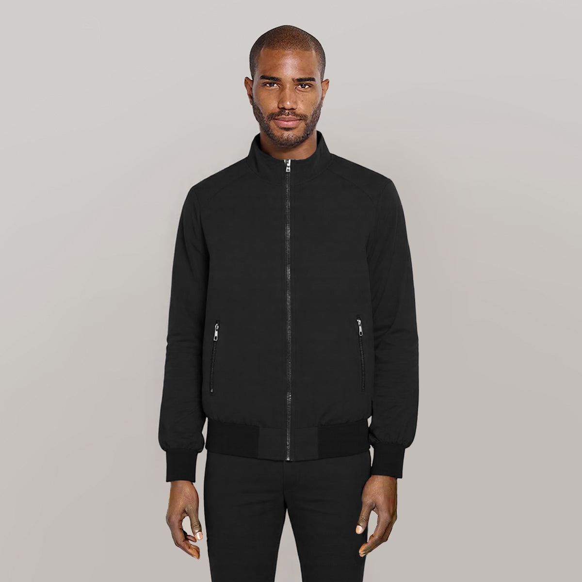 Black # Men's lightweight outdoor zipper softshell windbreaker jacket with stand collar and ribbed knit cuffs and hem, fully plaid lined casual coat with 2 zipper pockets and 1 inner pocket for business, golf, party and daily wear, isolated on white background.