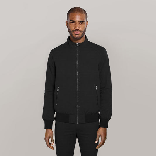Black # Men's lightweight outdoor zipper softshell windbreaker jacket with stand collar and ribbed knit cuffs and hem, fully plaid lined casual coat with 2 zipper pockets and 1 inner pocket for business, golf, party and daily wear, isolated on white background.