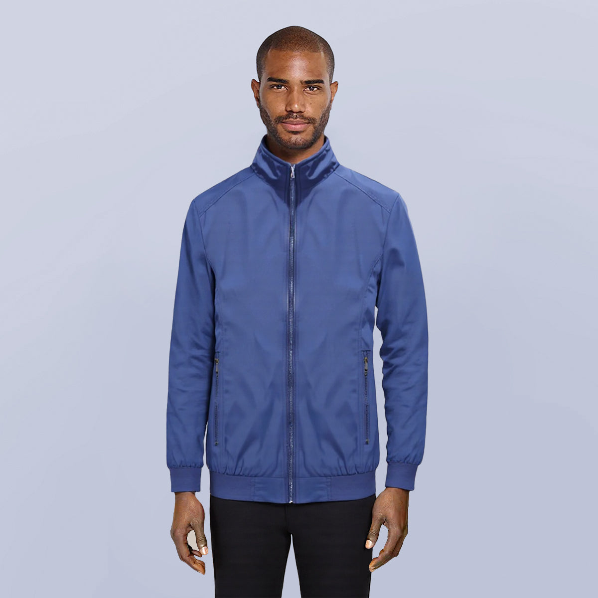 Light Blue # Men's lightweight outdoor zipper softshell windbreaker jacket with stand collar and ribbed knit cuffs and hem, fully plaid lined casual coat with 2 zipper pockets and 1 inner pocket for business, golf, party and daily wear, isolated on white background.