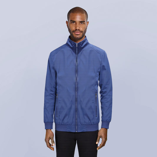Light Blue # Men's lightweight outdoor zipper softshell windbreaker jacket with stand collar and ribbed knit cuffs and hem, fully plaid lined casual coat with 2 zipper pockets and 1 inner pocket for business, golf, party and daily wear, isolated on white background.