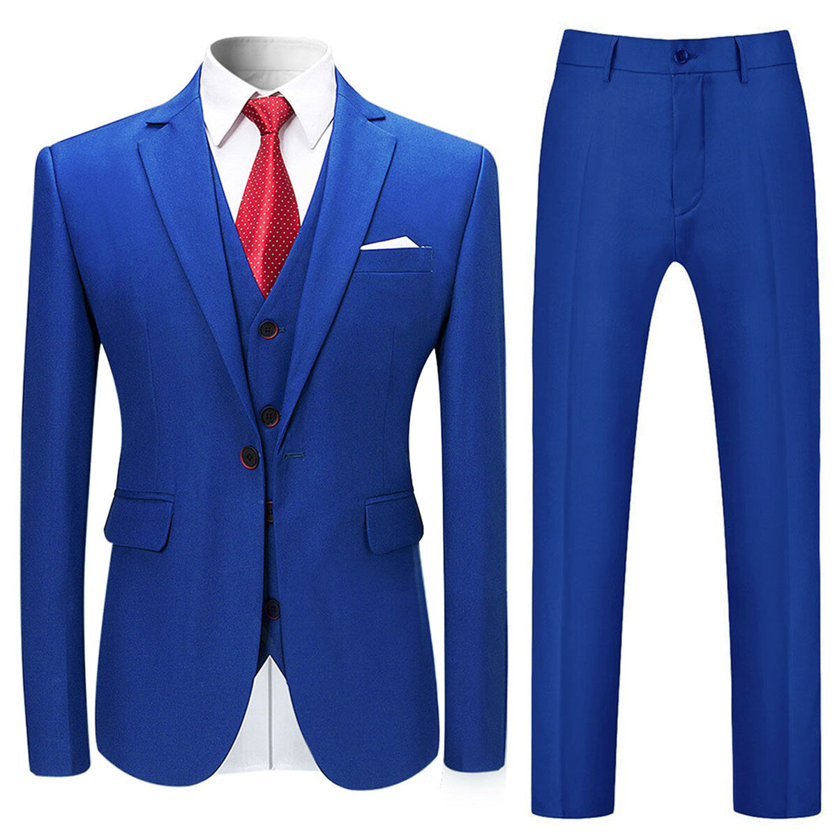 Blue # Men's slim fit 3-piece solid color suit with notched lapel and one-button single-breasted closure, blue formal blazer jacket with matching vest and flat-front trousers, fully padded shoulders and back vent for wedding, business, prom and formal occasions, isolated on white background.