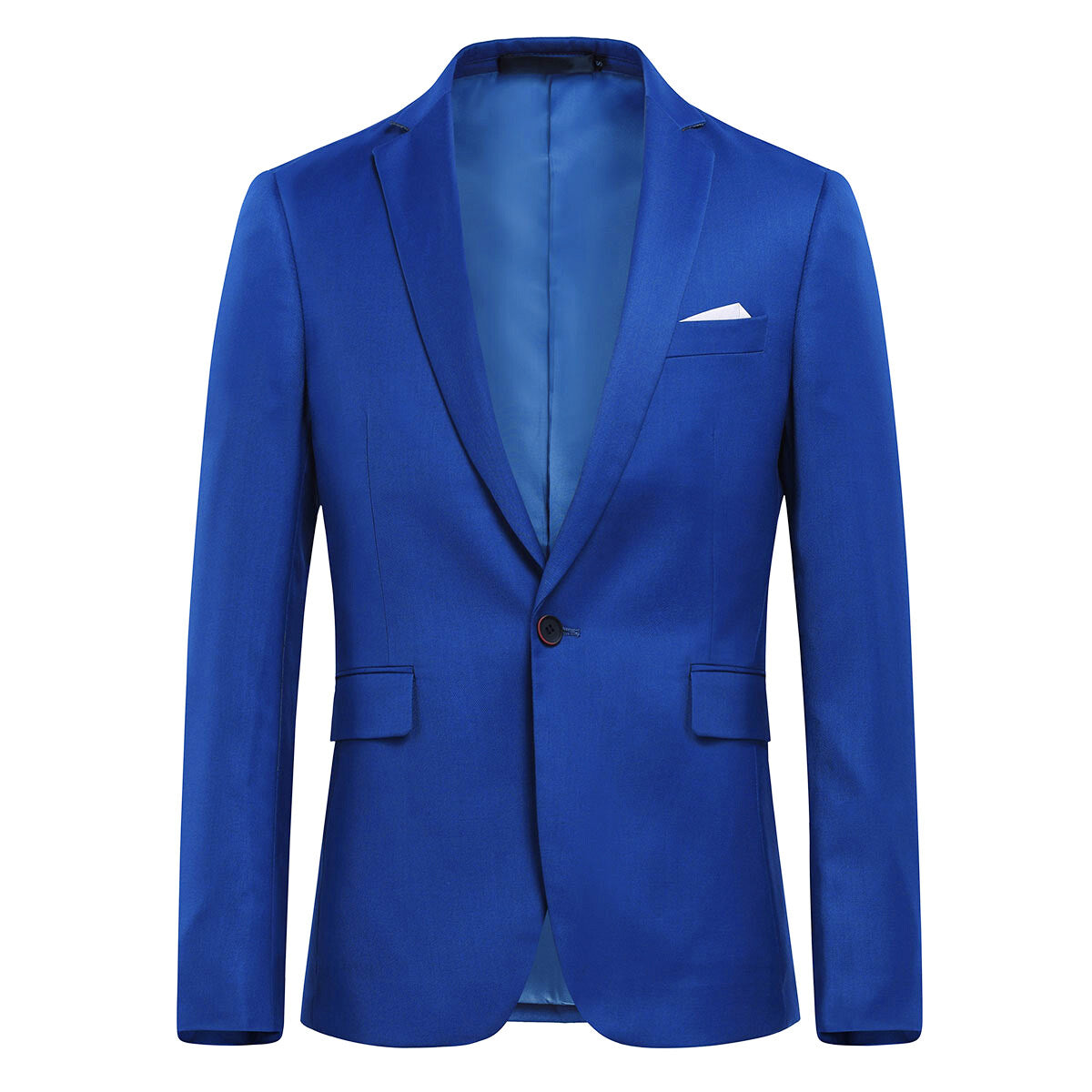 Blue # Men's slim fit 3-piece solid color suit with notched lapel and one-button single-breasted closure, blue formal blazer jacket with matching vest and flat-front trousers, fully padded shoulders and back vent for wedding, business, prom and formal occasions, isolated on white background.