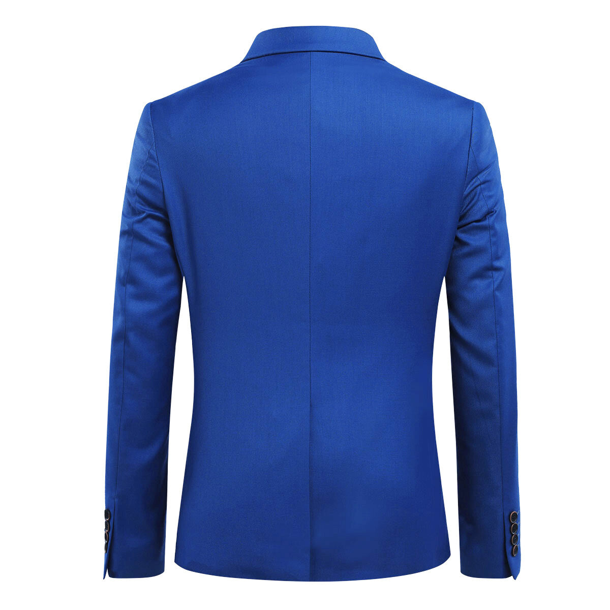 Blue # Men's slim fit 3-piece solid color suit with notched lapel and one-button single-breasted closure, blue formal blazer jacket with matching vest and flat-front trousers, fully padded shoulders and back vent for wedding, business, prom and formal occasions, isolated on white background.