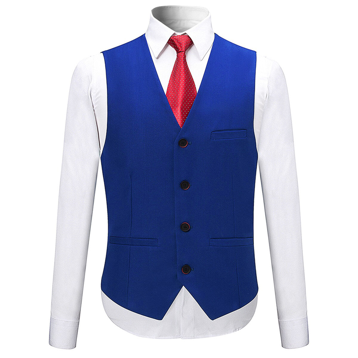 Blue # Men's slim fit 3-piece solid color suit with notched lapel and one-button single-breasted closure, blue formal blazer jacket with matching vest and flat-front trousers, fully padded shoulders and back vent for wedding, business, prom and formal occasions, isolated on white background.