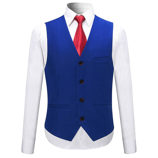 Blue # Men's slim fit 3-piece solid color suit with notched lapel and one-button single-breasted closure, blue formal blazer jacket with matching vest and flat-front trousers, fully padded shoulders and back vent for wedding, business, prom and formal occasions, isolated on white background.