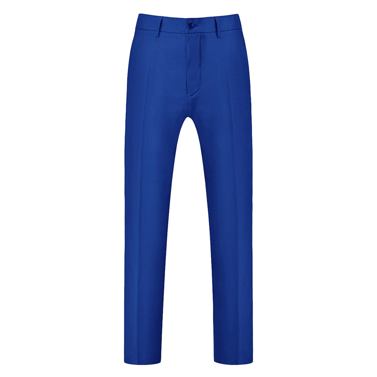 Blue # Men's slim fit 3-piece solid color suit with notched lapel and one-button single-breasted closure, blue formal blazer jacket with matching vest and flat-front trousers, fully padded shoulders and back vent for wedding, business, prom and formal occasions, isolated on white background.