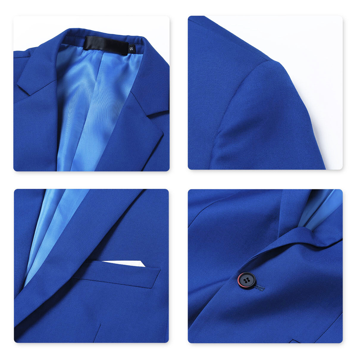 Blue # Men's slim fit 3-piece solid color suit with notched lapel and one-button single-breasted closure, blue formal blazer jacket with matching vest and flat-front trousers, fully padded shoulders and back vent for wedding, business, prom and formal occasions, isolated on white background.