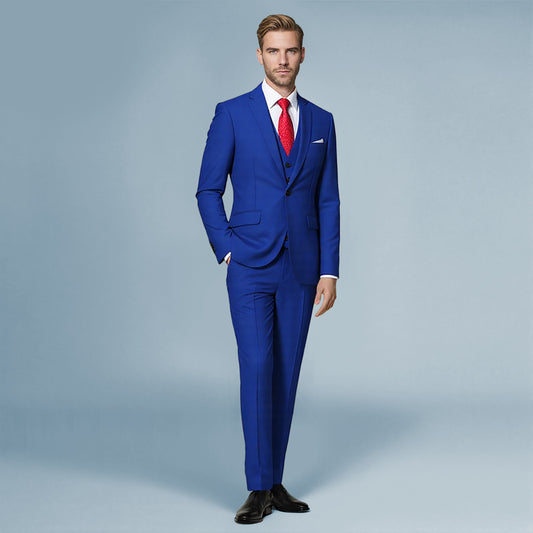 Blue # Men's slim fit 3-piece solid color suit with notched lapel and one-button single-breasted closure, blue formal blazer jacket with matching vest and flat-front trousers, fully padded shoulders and back vent for wedding, business, prom and formal occasions, isolated on white background.