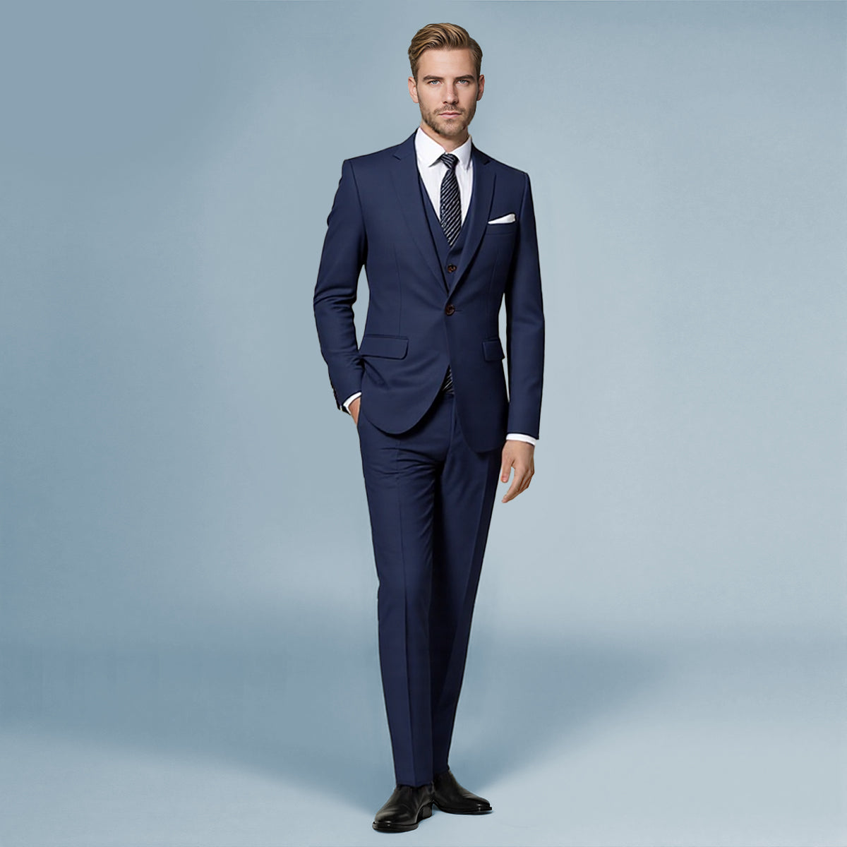 Dark Blue # Men's slim fit 3-piece solid color suit with notched lapel and one-button single-breasted closure, dark blue formal blazer jacket with padded shoulders, back center vent and four-button cuffs, matching vest with adjustable belt and flat-front trousers for wedding, business, prom and formal occasions, isolated on white background.