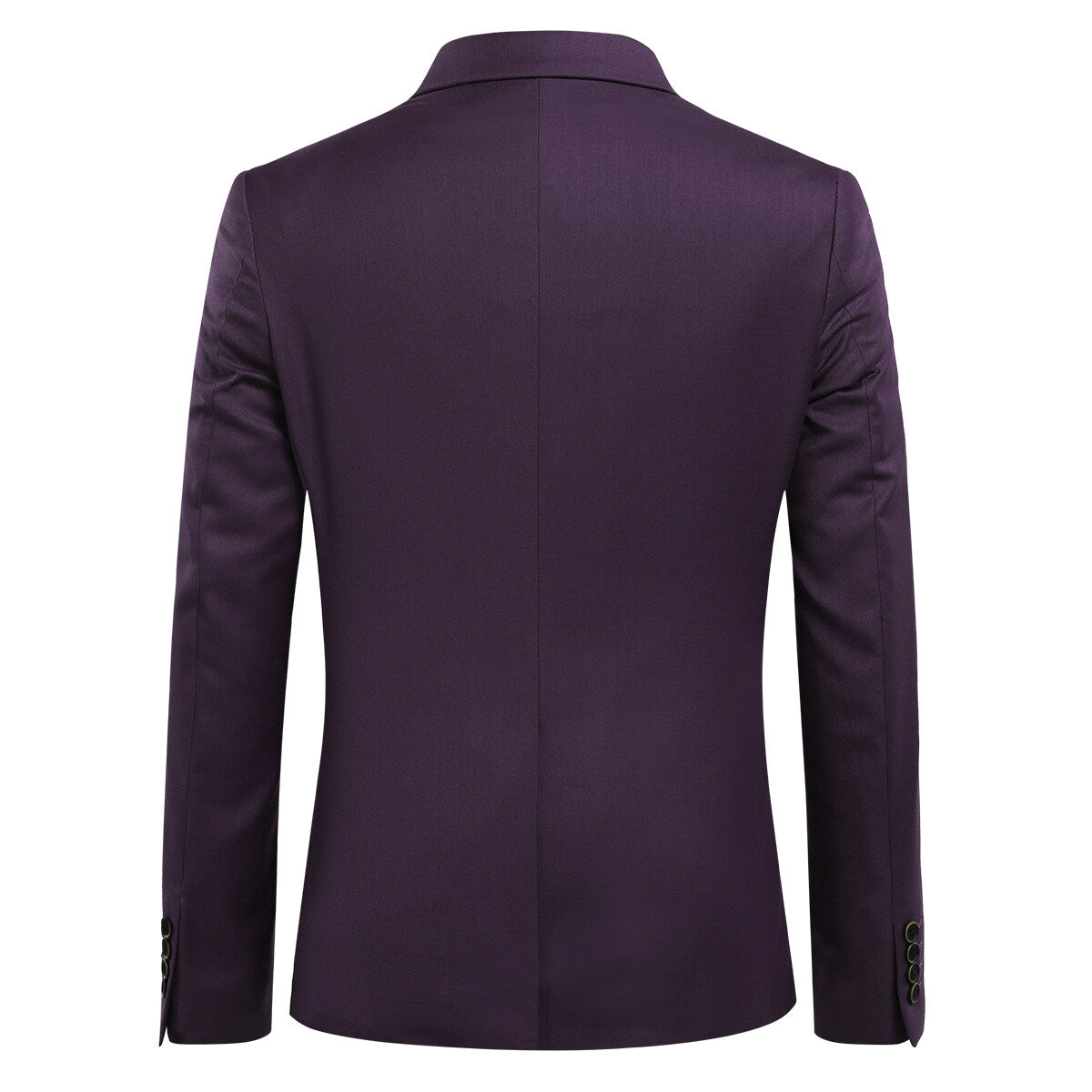Purple # Men's slim fit 3-piece solid color suit with notched lapel and one-button single-breasted closure, purple formal blazer jacket with padded shoulders, back center vent and four-button cuffs, matching vest with adjustable belt and flat-front trousers for wedding, business, prom and formal occasions, isolated on white background.