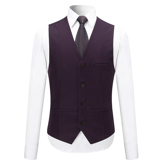 Purple # Men's slim fit 3-piece solid color suit with notched lapel and one-button single-breasted closure, purple formal blazer jacket with padded shoulders, back center vent and four-button cuffs, matching vest with adjustable belt and flat-front trousers for wedding, business, prom and formal occasions, isolated on white background.