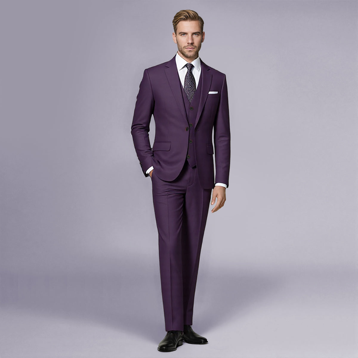 Purple # Men's slim fit 3-piece solid color suit with notched lapel and one-button single-breasted closure, purple formal blazer jacket with padded shoulders, back center vent and four-button cuffs, matching vest with adjustable belt and flat-front trousers for wedding, business, prom and formal occasions, isolated on white background.