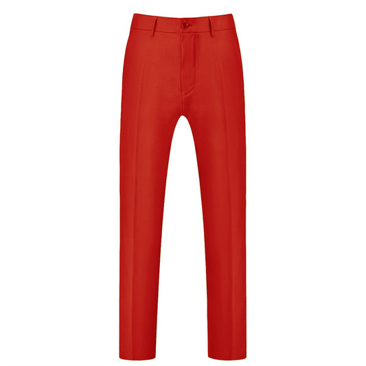 Red # Men's slim fit 3-piece solid color suit with notched lapel and one-button single-breasted closure, red formal blazer jacket with matching vest and flat-front trousers, fully padded shoulders and back vent for wedding, prom, business and formal occasions, isolated on white background.