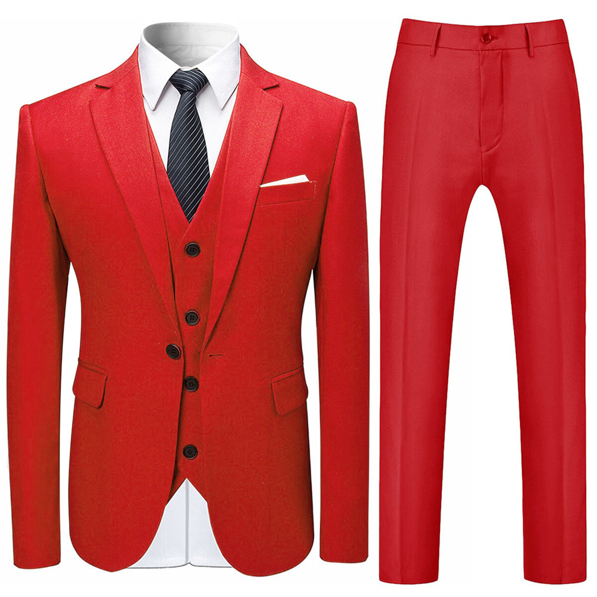 Red # Men's slim fit 3-piece solid color suit with notched lapel and one-button single-breasted closure, red formal blazer jacket with matching vest and flat-front trousers, fully padded shoulders and back vent for wedding, prom, business and formal occasions, isolated on white background.