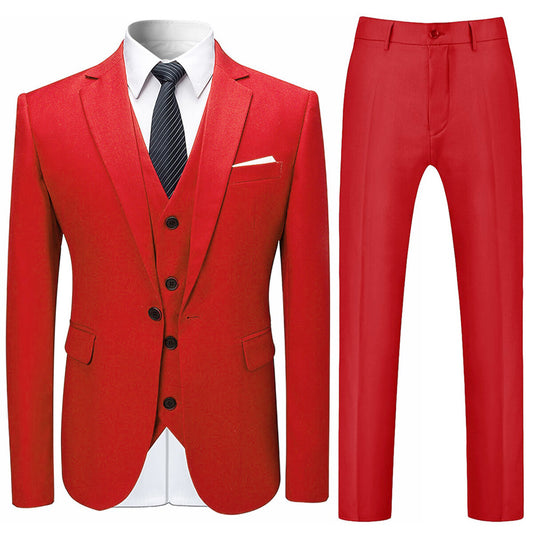 Red # Men's slim fit 3-piece solid color suit with notched lapel and one-button single-breasted closure, red formal blazer jacket with matching vest and flat-front trousers, fully padded shoulders and back vent for wedding, prom, business and formal occasions, isolated on white background.
