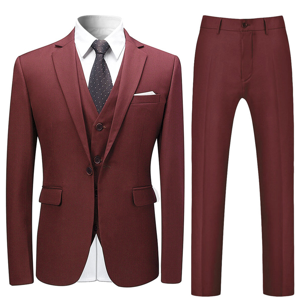 Wine Red # Men's slim fit 3-piece solid color suit with notched lapel and one-button single-breasted closure, wine red formal blazer jacket with matching vest and flat-front trousers, fully padded shoulders and back vent for business, wedding, prom and formal occasions, isolated on white background.