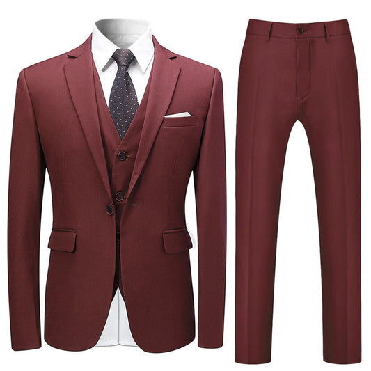 Wine Red # Men's slim fit 3-piece solid color suit with notched lapel and one-button single-breasted closure, wine red formal blazer jacket with matching vest and flat-front trousers, fully padded shoulders and back vent for business, wedding, prom and formal occasions, isolated on white background.