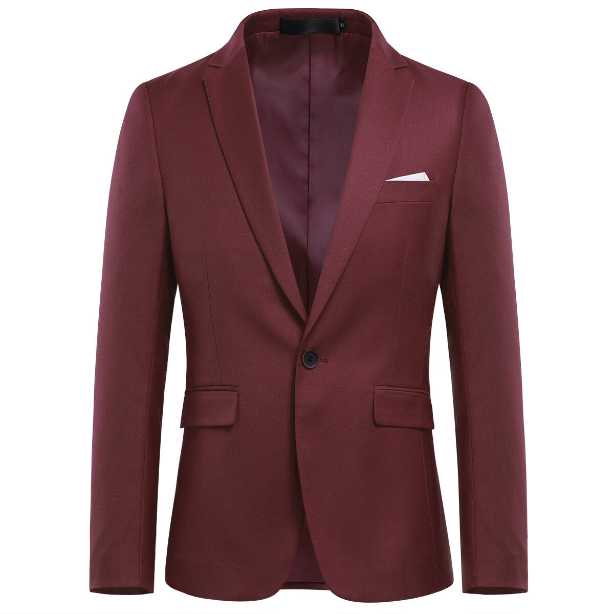 Wine Red # Men's slim fit 3-piece solid color suit with notched lapel and one-button single-breasted closure, wine red formal blazer jacket with matching vest and flat-front trousers, fully padded shoulders and back vent for business, wedding, prom and formal occasions, isolated on white background.