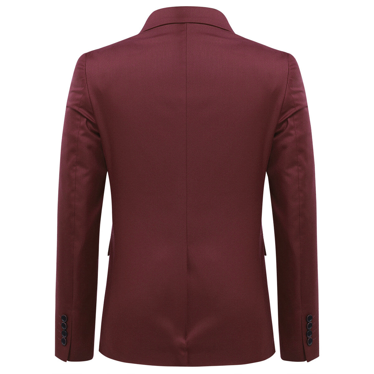 Wine Red # Men's slim fit 3-piece solid color suit with notched lapel and one-button single-breasted closure, wine red formal blazer jacket with matching vest and flat-front trousers, fully padded shoulders and back vent for business, wedding, prom and formal occasions, isolated on white background.