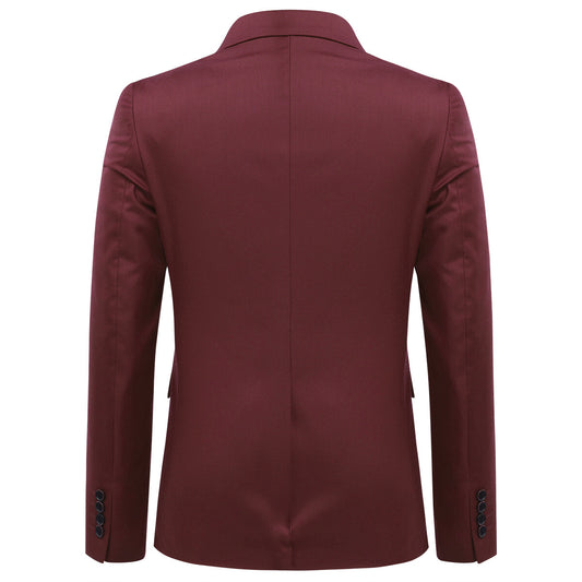Wine Red # Men's slim fit 3-piece solid color suit with notched lapel and one-button single-breasted closure, wine red formal blazer jacket with matching vest and flat-front trousers, fully padded shoulders and back vent for business, wedding, prom and formal occasions, isolated on white background.