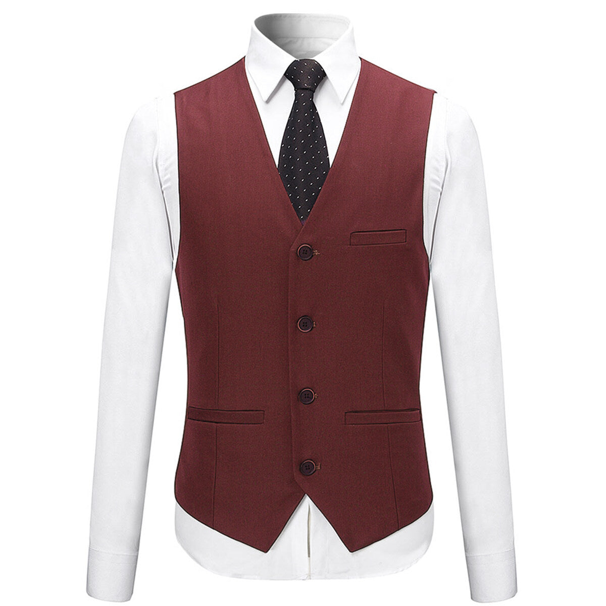 Wine Red # Men's slim fit 3-piece solid color suit with notched lapel and one-button single-breasted closure, wine red formal blazer jacket with matching vest and flat-front trousers, fully padded shoulders and back vent for business, wedding, prom and formal occasions, isolated on white background.