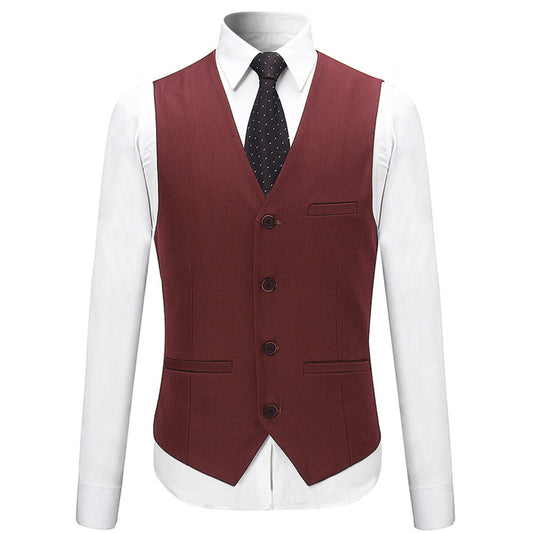 Wine Red # Men's slim fit 3-piece solid color suit with notched lapel and one-button single-breasted closure, wine red formal blazer jacket with matching vest and flat-front trousers, fully padded shoulders and back vent for business, wedding, prom and formal occasions, isolated on white background.