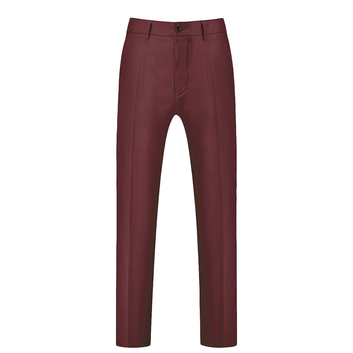 Wine Red # Men's slim fit 3-piece solid color suit with notched lapel and one-button single-breasted closure, wine red formal blazer jacket with matching vest and flat-front trousers, fully padded shoulders and back vent for business, wedding, prom and formal occasions, isolated on white background.