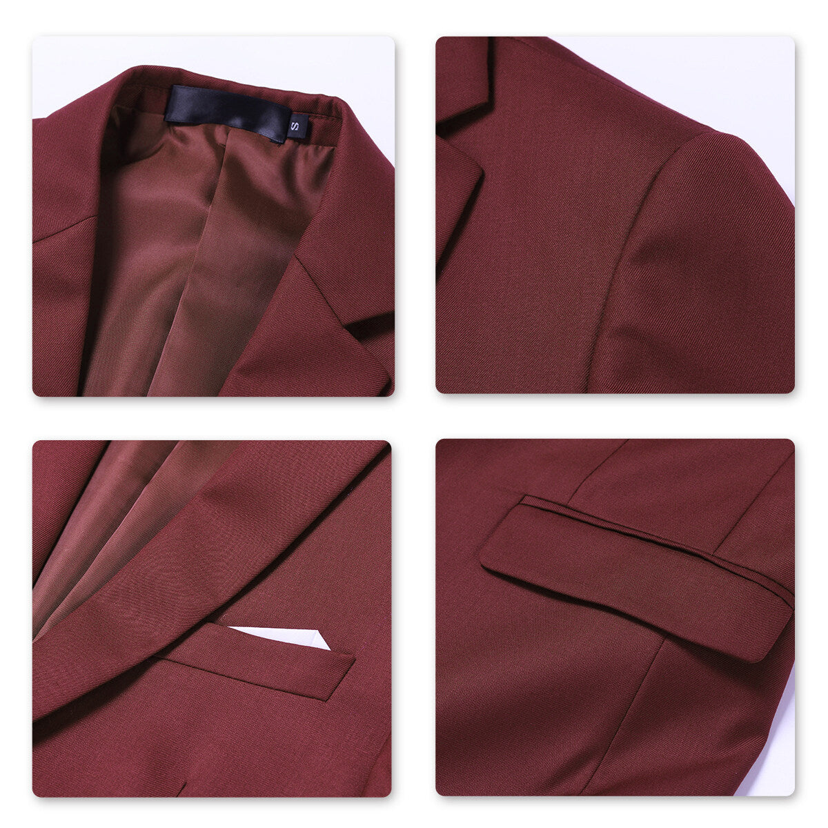 Wine Red # Men's slim fit 3-piece solid color suit with notched lapel and one-button single-breasted closure, wine red formal blazer jacket with matching vest and flat-front trousers, fully padded shoulders and back vent for business, wedding, prom and formal occasions, isolated on white background.