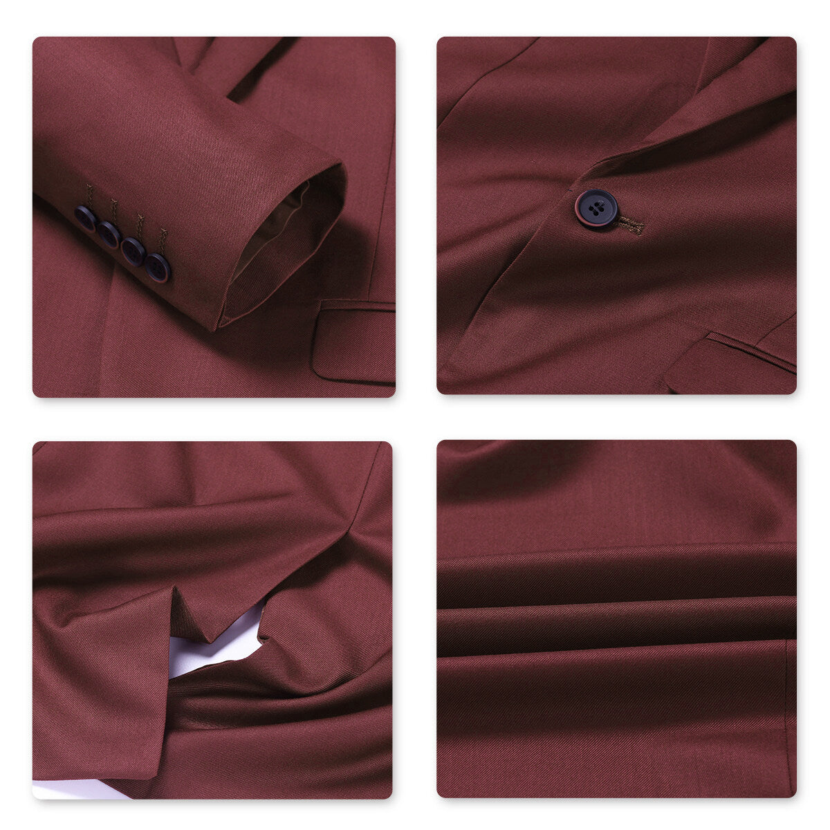 Wine Red # Men's slim fit 3-piece solid color suit with notched lapel and one-button single-breasted closure, wine red formal blazer jacket with matching vest and flat-front trousers, fully padded shoulders and back vent for business, wedding, prom and formal occasions, isolated on white background.