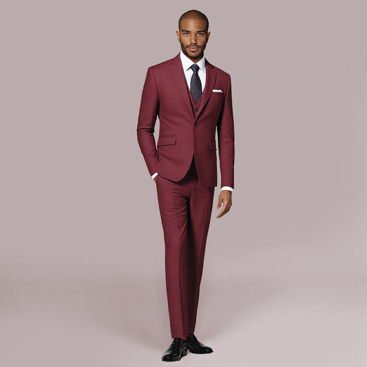 Wine Red # Men's slim fit 3-piece solid color suit with notched lapel and one-button single-breasted closure, wine red formal blazer jacket with matching vest and flat-front trousers, fully padded shoulders and back vent for business, wedding, prom and formal occasions, isolated on white background.