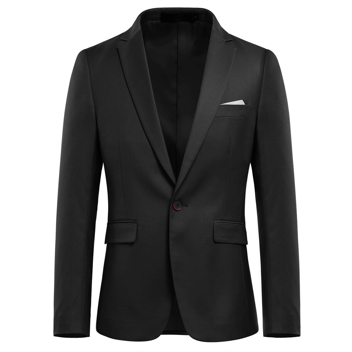 Black # Men's slim fit 3-piece solid color suit with notched lapel and one-button single-breasted closure, black formal blazer jacket with padded shoulders, back center vent and four-button cuffs, matching vest with adjustable belt and flat-front trousers with slanted side pockets for wedding, business, prom and formal occasions, isolated on white background.